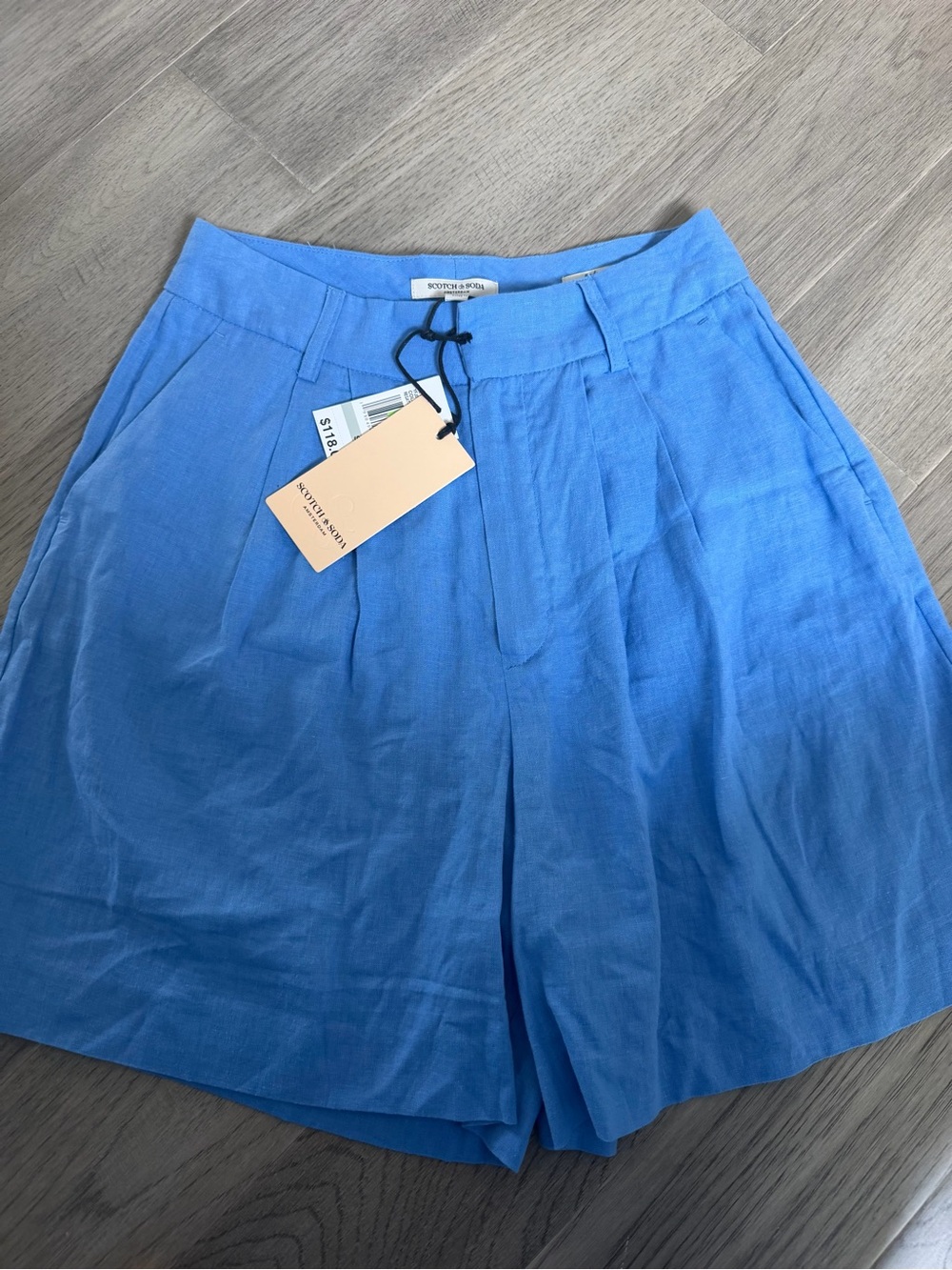 Scotch & Soda Blue Linen Blend High Rise Pleated Shorts NWT Size 27